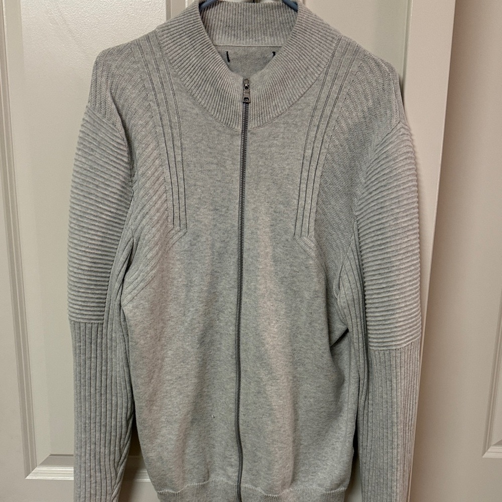 Men's Light Gray Ribbed Zip-Up Sweater